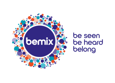 The bemix logo featuring a dark purple circle with the word "bemix" in white text, surrounded by a colourful pattern of multicoloured dots in teal, orange, purple, and light blue. Below the logo is the tagline "be seen · be heard · belong" in purple text.