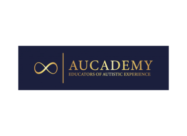 The Aucademy logo set against a navy blue background, featuring a golden infinity symbol followed by the text "AUCADEMY" in gold capital letters, with "EDUCATORS OF AUTISTIC EXPERIENCE" in smaller text beneath it.
