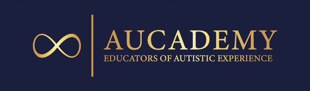 The Aucademy logo set against a navy blue background, featuring a golden infinity symbol followed by the text 