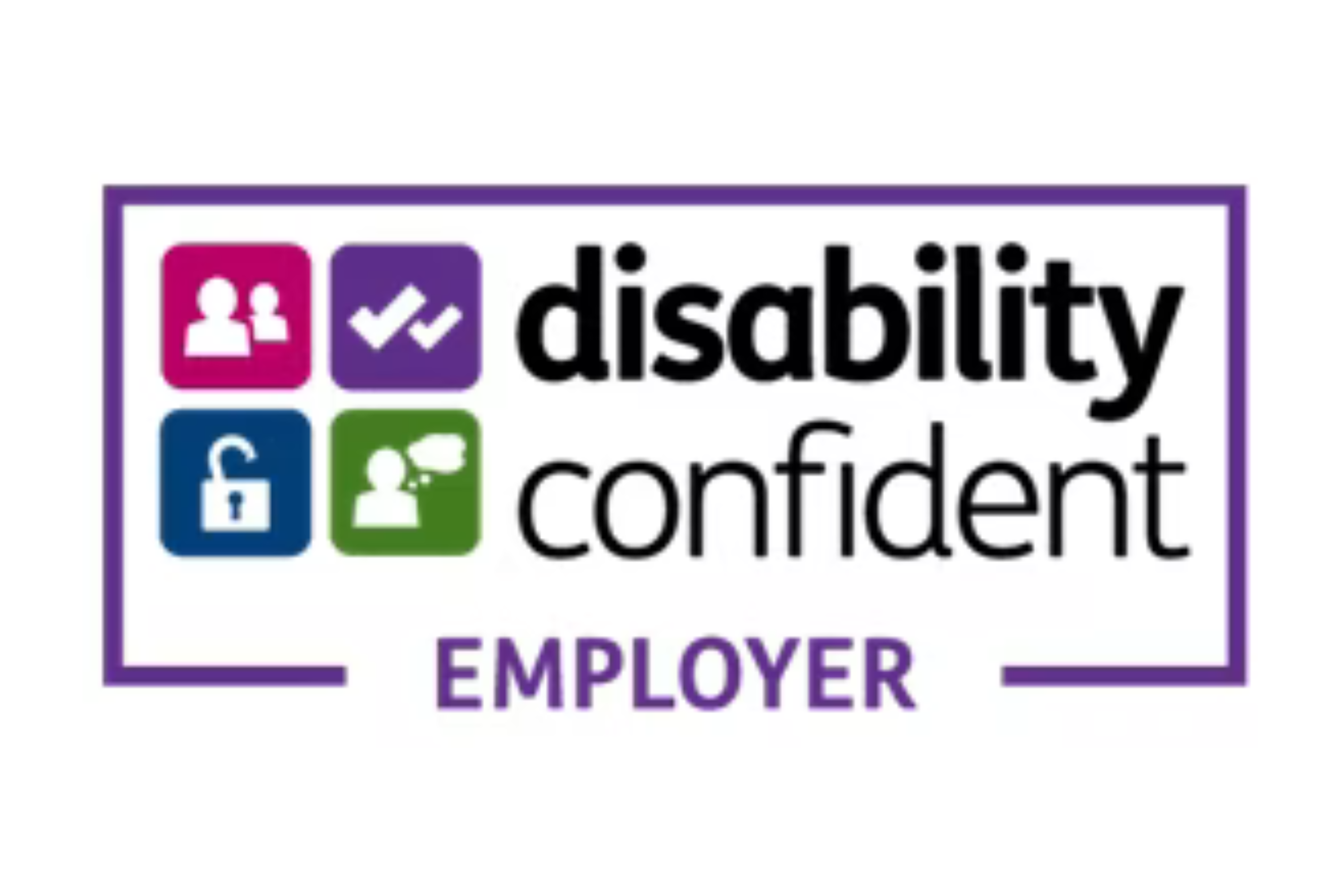 A rectangular logo with purple border containing four coloured squares (pink, purple, blue, and green) with icons representing different aspects of disability support. Text reads 