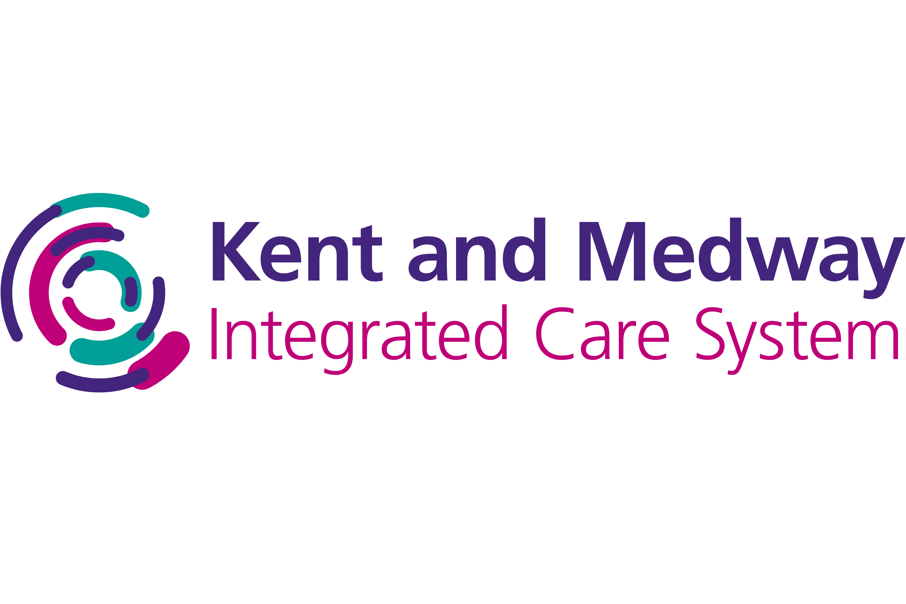 The Kent and Medway Integrated Care System logo featuring a circular, interconnected design in teal, purple and magenta on the left. The text 